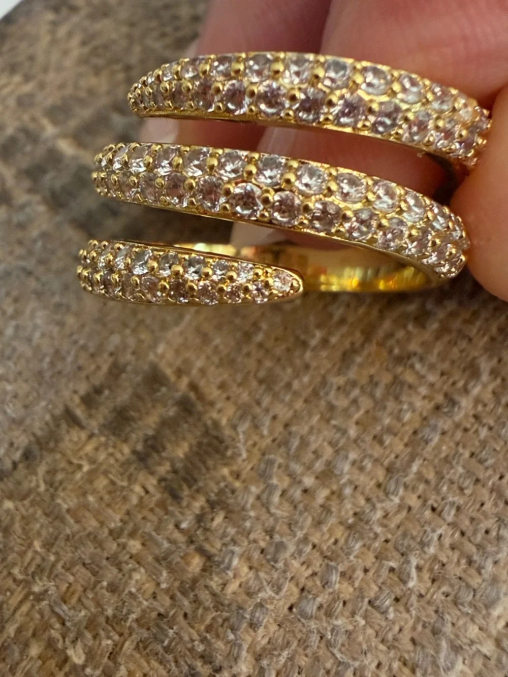 Gold plated Triple Row Pavé Crystal Open Ring - Women Jewelry size 9. New!